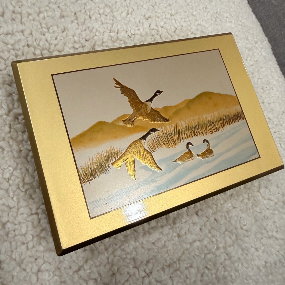 Vintage Otogiri‎ Japanese Memo Box Canadian Geese Gold Tone Wood Box